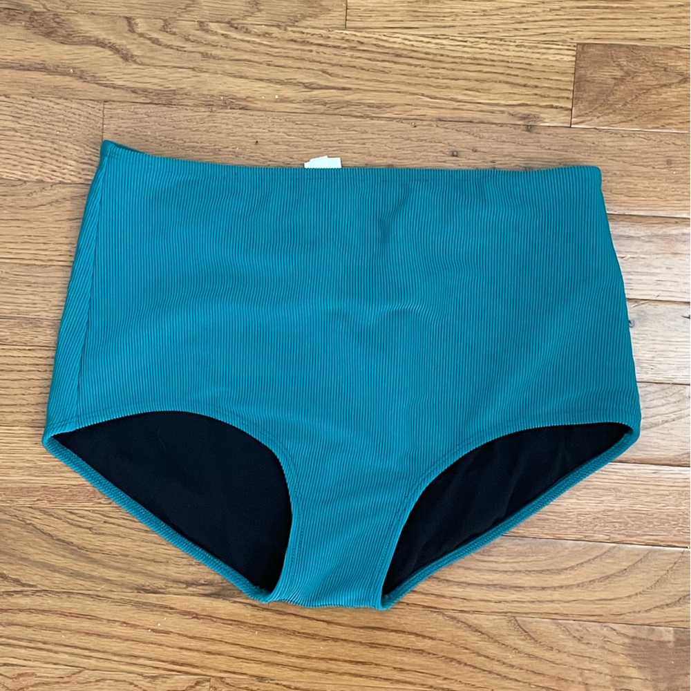 Pink Desert High-Waisted Ribbed Swim Bottoms – Teal Blue